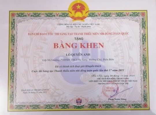 Sản phẩm phần mềm tin học của tỉnh Điện Biên đạt giải tại cuộc thi sáng tạo thanh thiếu niên nhi đồng toàn quốc lần thứ 17, năm 2021